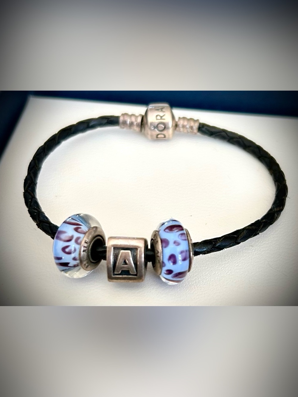 Pandora Leather Bracelet with Retired Silver Letter A and Murano Glass Beads